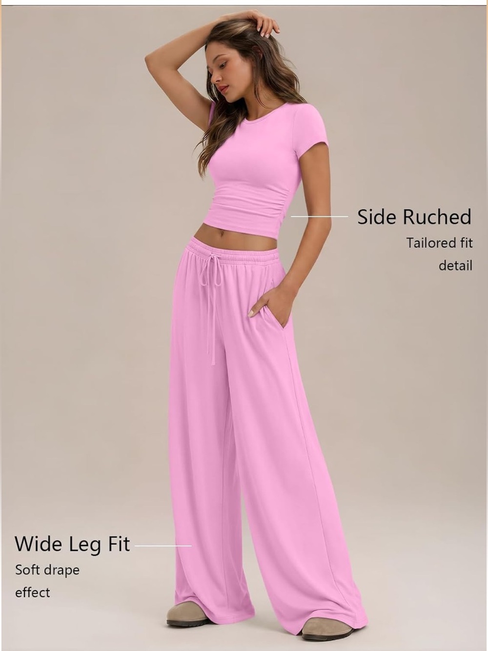 Trendy Queen Set Size Large Pink Short Sleeve Top Wide Leg Pants Pockets NWT